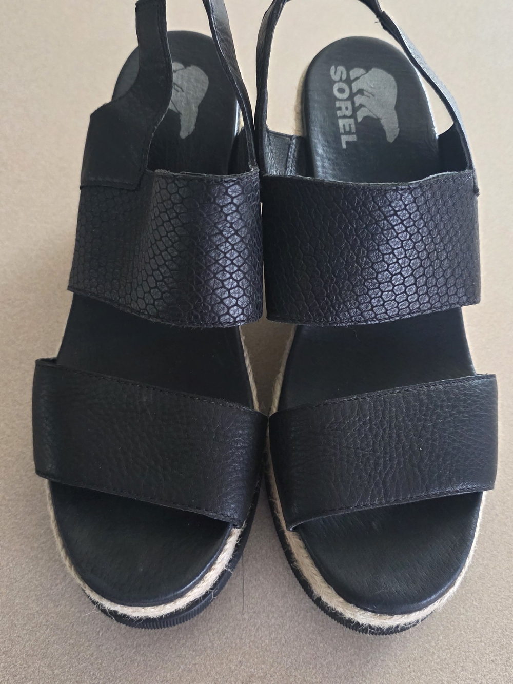 Sorel Black Leather Two‑Strap Slingback Espadrille Sandals